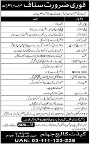cadet college jhelum jobs