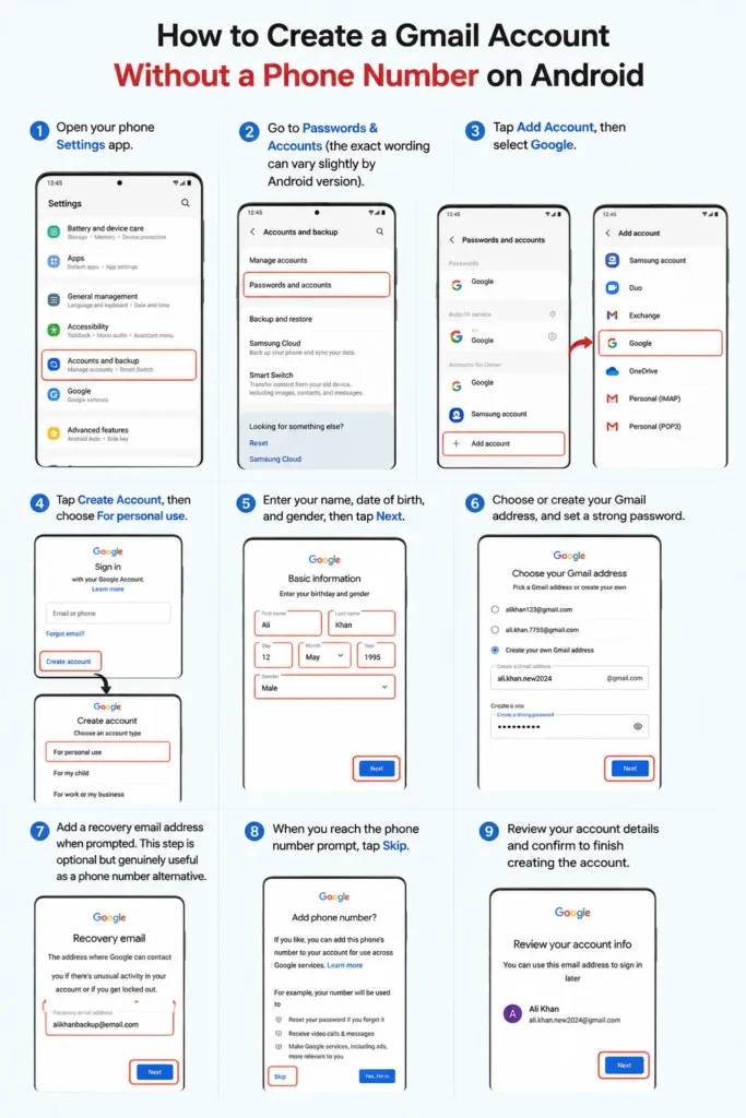 how to create a gmail account without a phone number on android