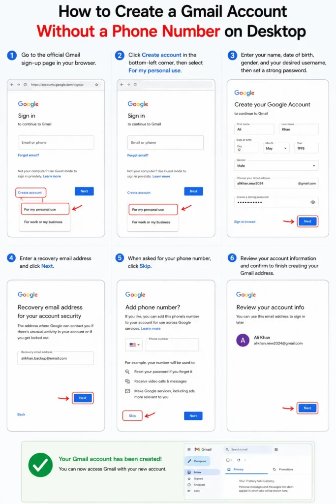 how to create a gmail account without a phone number on desktop