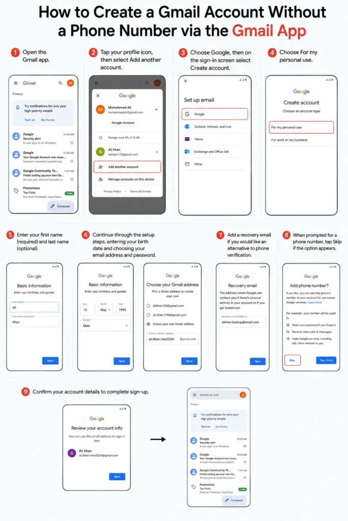 how to create a gmail account without a phone number via the gmail app