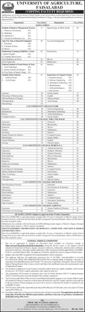 university of agriculture faisalabad opens faculty positions