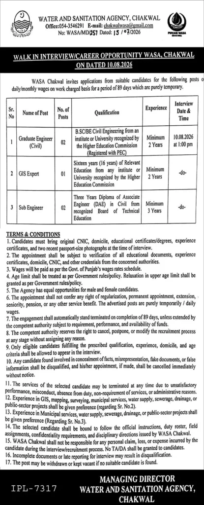 water and sanitation agency wasa chakwal jobs