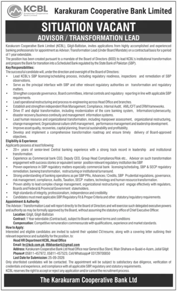 karakoram cooperative bank limited kcbl jobs